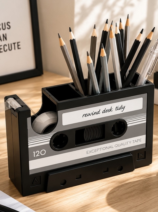 The Unbranded Brand Other - Rewind Desk Tidy Cassette Pencil Holder - Black and Gray